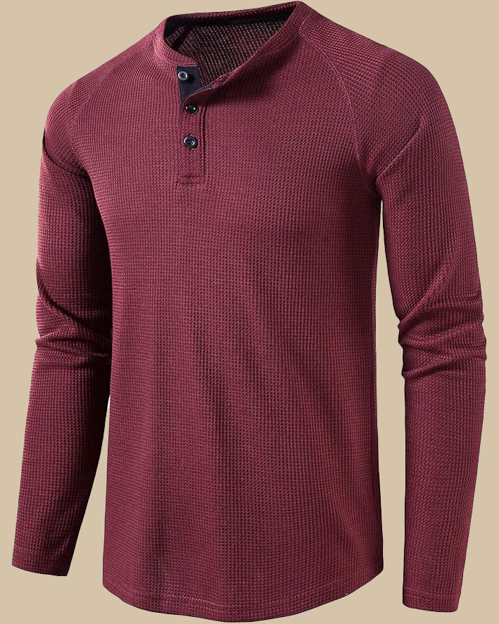 Long Sleeve Henley Top in Waffle Texture