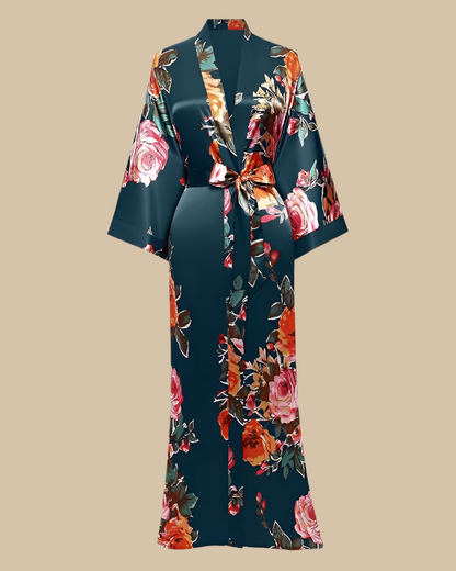 Satin Long Kimono Robe with Floral Print - Japanese Dressing Gown