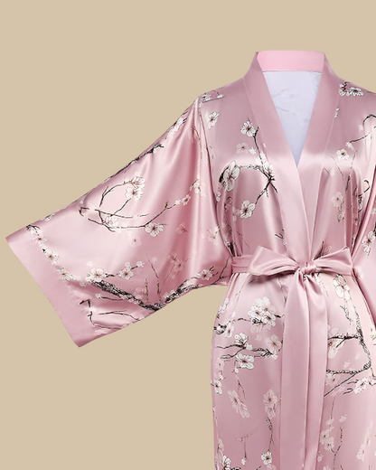 Satin Long Kimono Robe with Floral Print - Japanese Dressing Gown