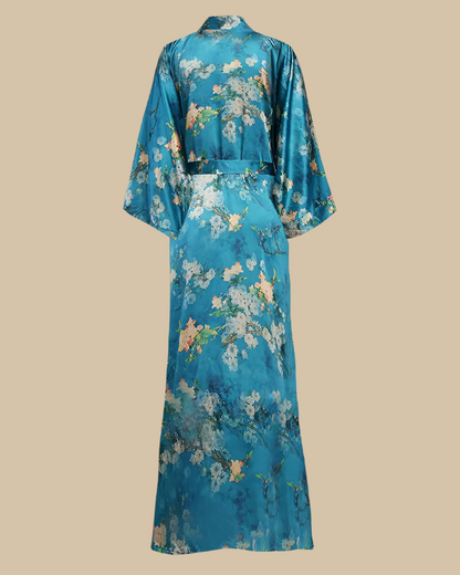 Satin Long Kimono Robe with Floral Print - Japanese Dressing Gown