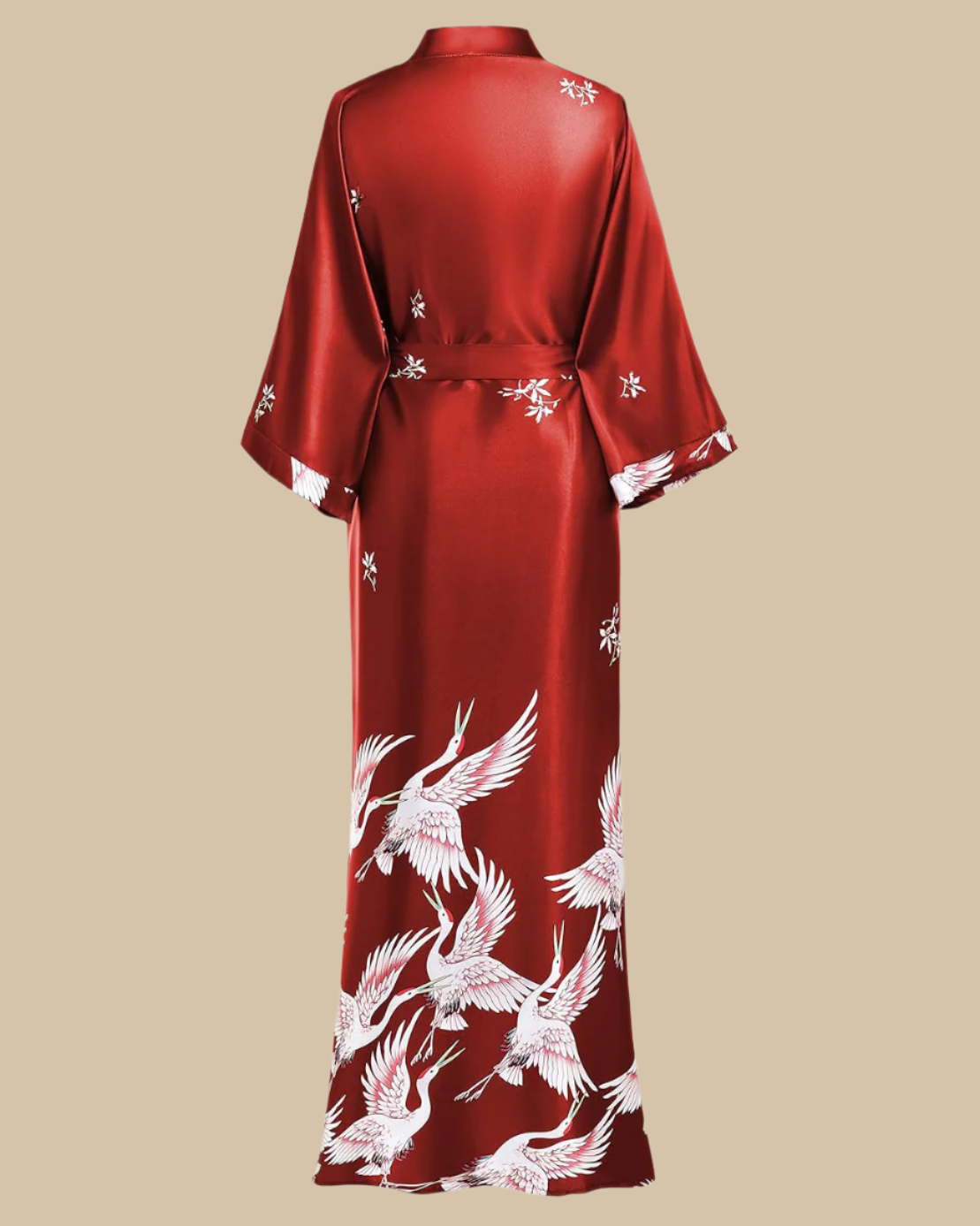 Satin Long Kimono Robe with Floral Print - Japanese Dressing Gown