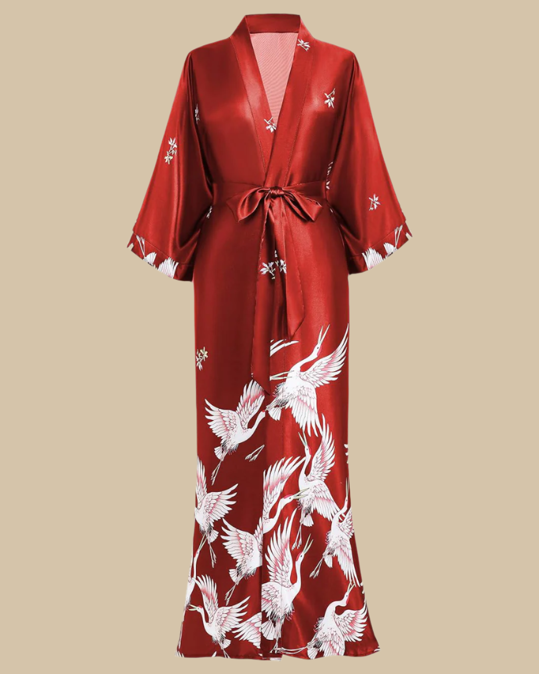 Satin Long Kimono Robe with Floral Print - Japanese Dressing Gown