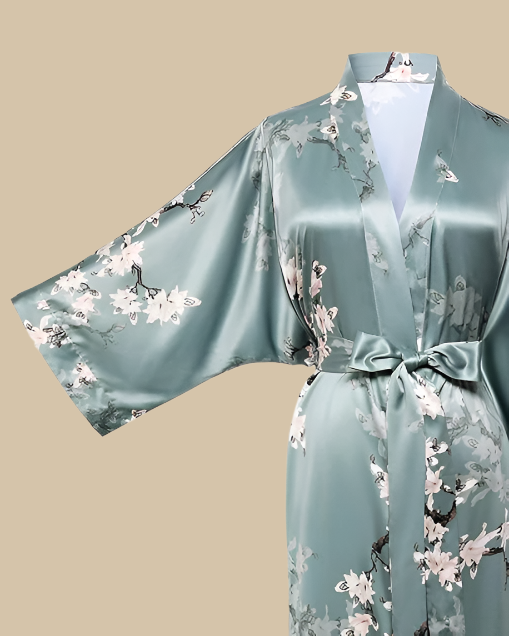 Satin Long Kimono Robe with Floral Print - Japanese Dressing Gown