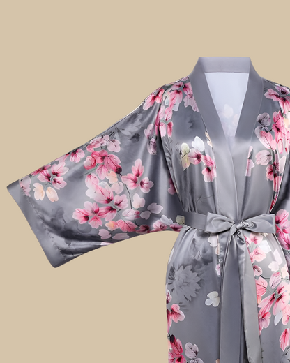 Satin Long Kimono Robe with Floral Print - Japanese Dressing Gown