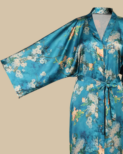 Satin Long Kimono Robe with Floral Print - Japanese Dressing Gown