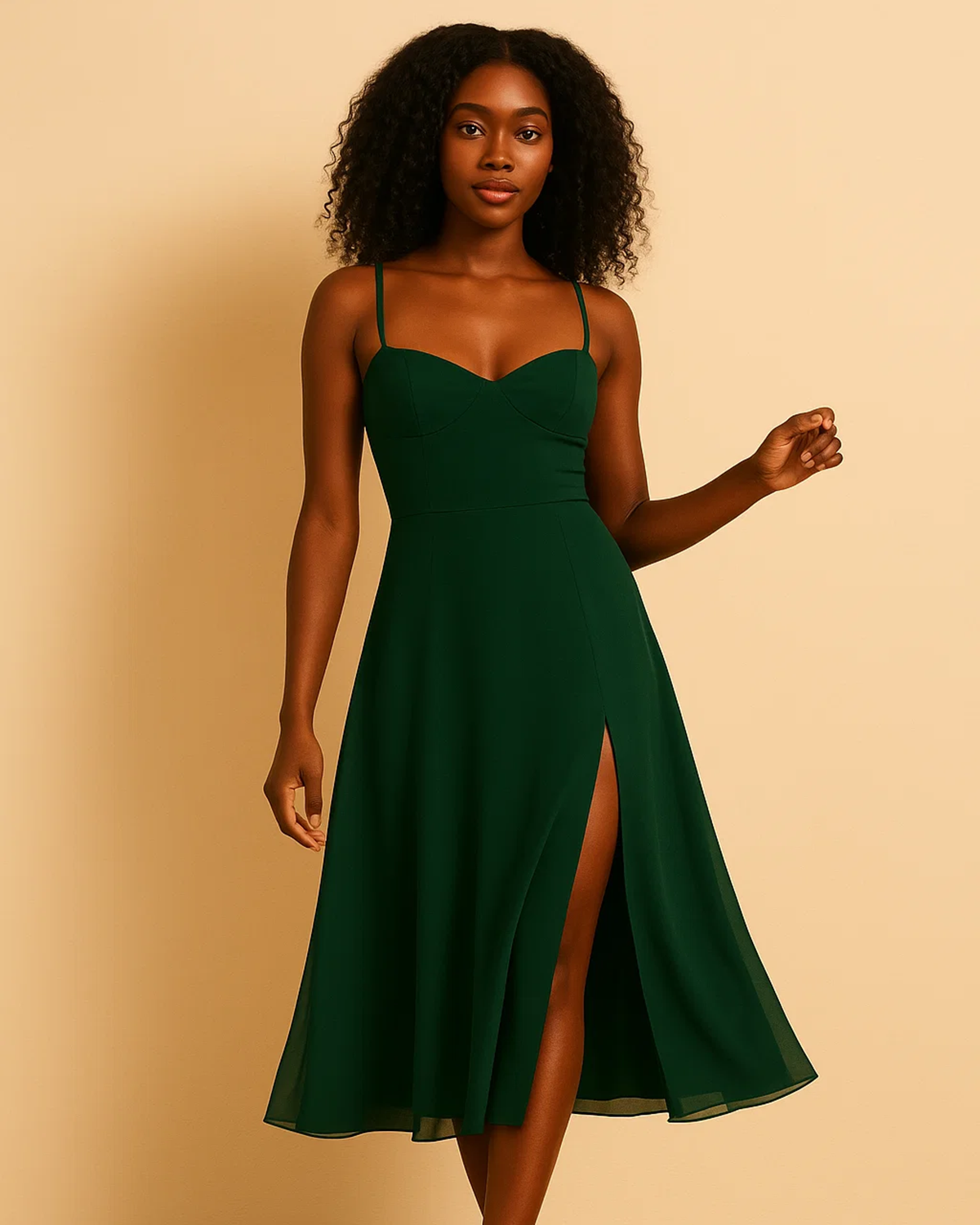 Model wearing the Lily Strappy Sustainable Midi Dress in emerald green with sweetheart neckline, adjustable straps, and side slit. Vegan and ethically made.