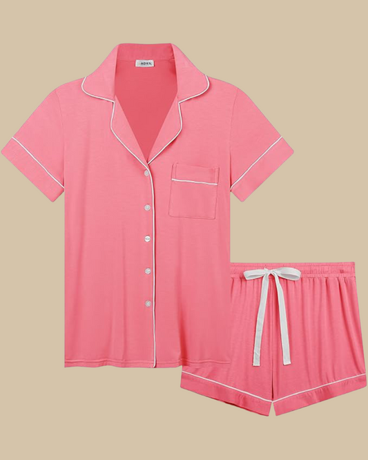 ADKN Bamboo Classic Button Up Short Sleeve and Shorts Summer PJS in Coral pink