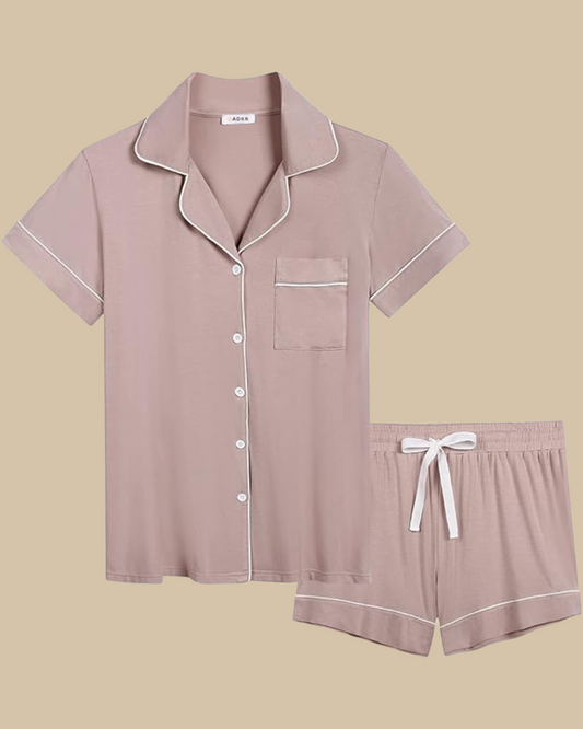 ADKN Bamboo Classic Button Up Short Sleeve and Shorts Summer PJS in blush pink