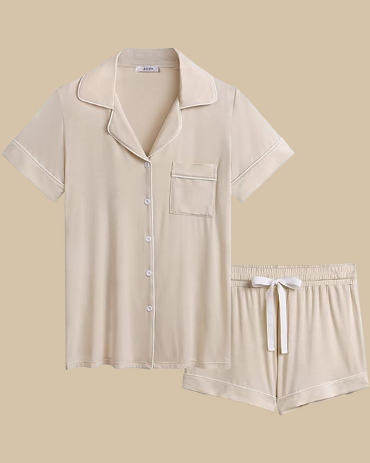 ADKN Bamboo Classic Button Up Short Sleeve and Shorts Summer PJS in cream