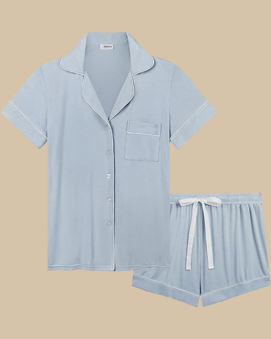 ADKN Bamboo Classic Button Up Short Sleeve and Shorts Summer PJS in dusky blue