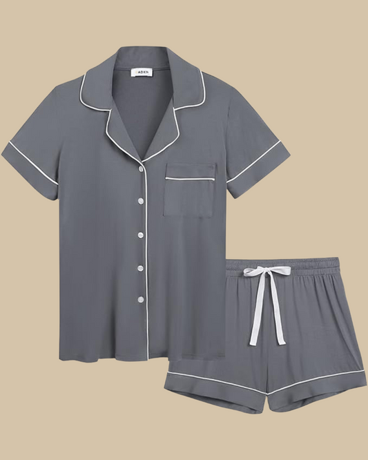 ADKN Bamboo Classic Button Up Short Sleeve and Shorts Summer PJS in grey