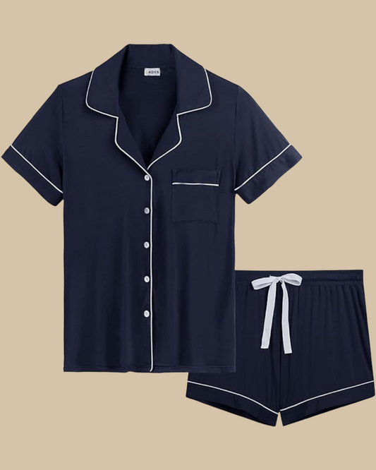 ADKN Bamboo Classic Button Up Short Sleeve and Shorts Summer PJS in navy blue