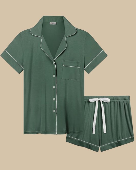 ADKN Bamboo Classic Button Up Short Sleeve and Shorts Summer PJS in olive green