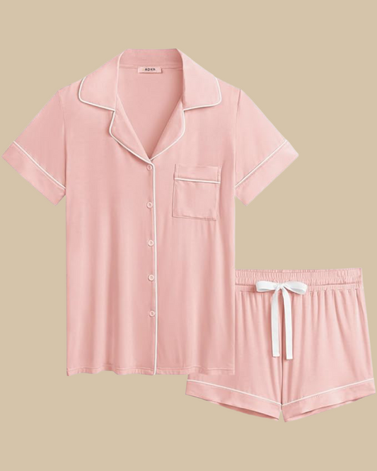 ADKN Bamboo Classic Button Up Short Sleeve and Shorts Summer PJS in pastel pink 1
