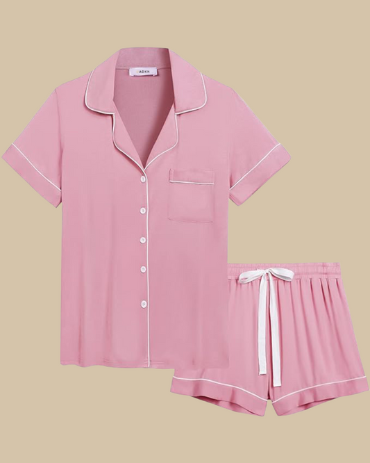 ADKN Bamboo Classic Button Up Short Sleeve and Shorts Summer PJS in pink