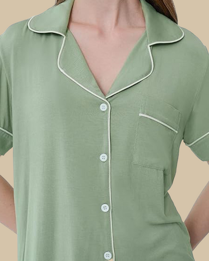 ADKN Bamboo Classic Button Up Short Sleeve and Shorts Summer PJS in sage green