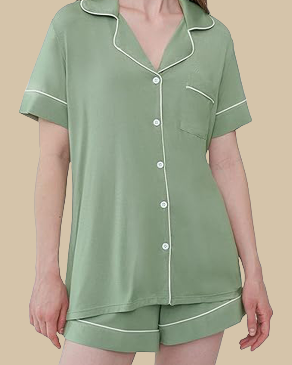 ADKN Bamboo Classic Button Up Short Sleeve and Shorts Summer PJS in sage green