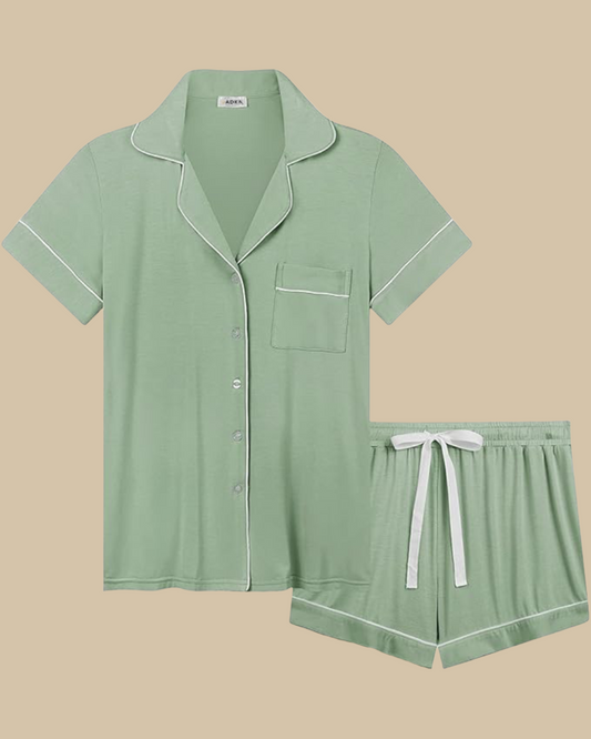 ADKN Bamboo Classic Button Up Short Sleeve and Shorts Summer PJS in sage green