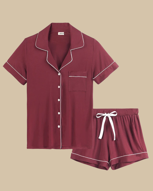ADKN Bamboo Classic Button Up Short Sleeve and Shorts Summer PJS in wine red burgundy 