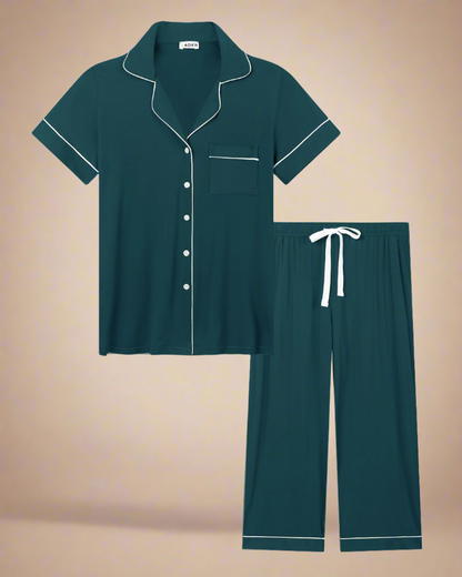 ADKN Bamboo Summer Cropped Pyjamas in petrol blue 2