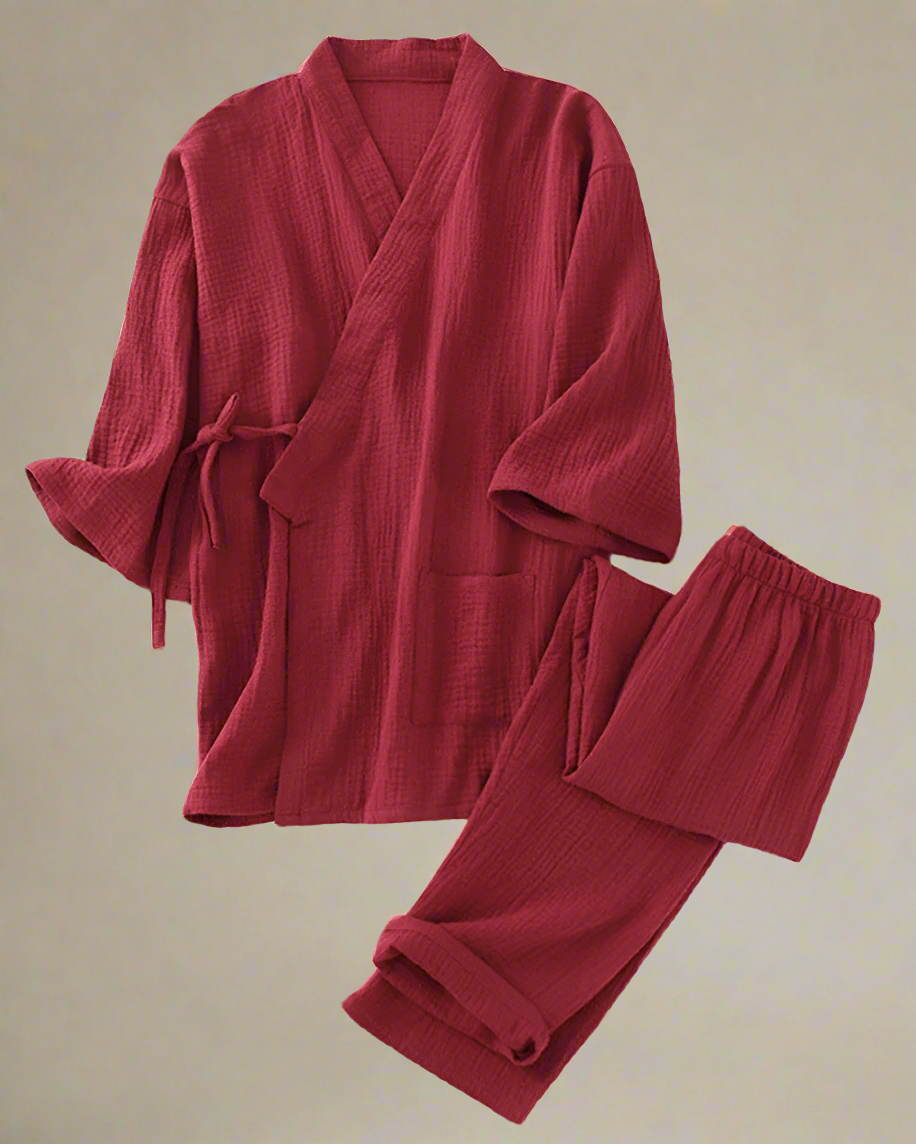 ADKN Japanese Samue Cotton Loungewear Set in Red