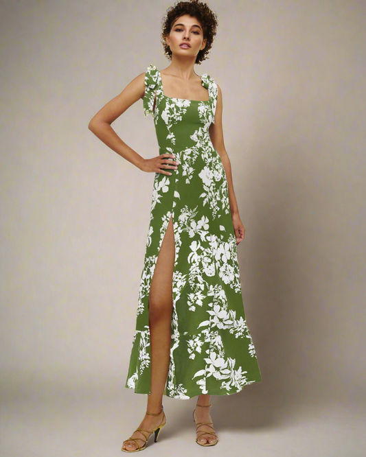 ADKN Jasmine Long Floral Summer Dress with Square Neckline and Tie Straps S / Green