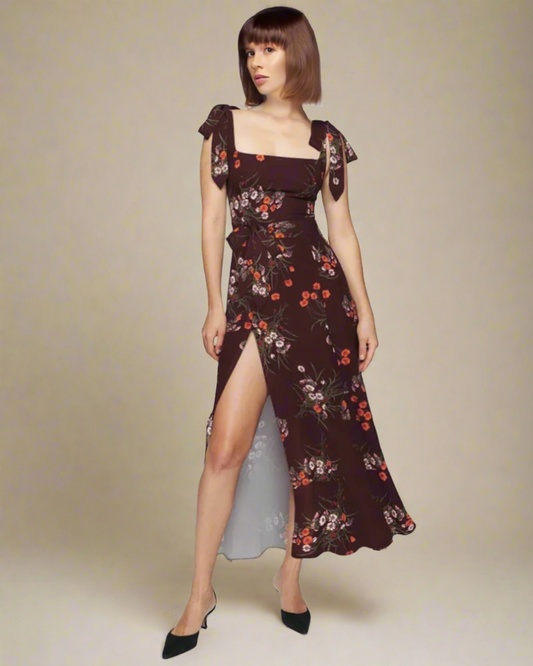 ADKN Jasmine Long Floral Summer Dress with Square Neckline and Tie Straps S / Wine Red Burgundy