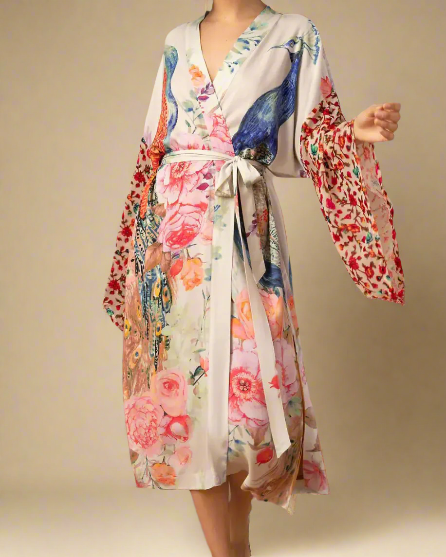 ADKN Satin Kimono Dressing Gown with Exotic Print