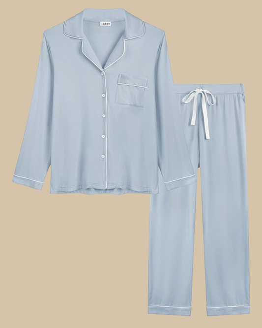 ADKN Women Bamboo Classic Pyjamas Set Long Sleeve Long Trousers in Dusky Blue