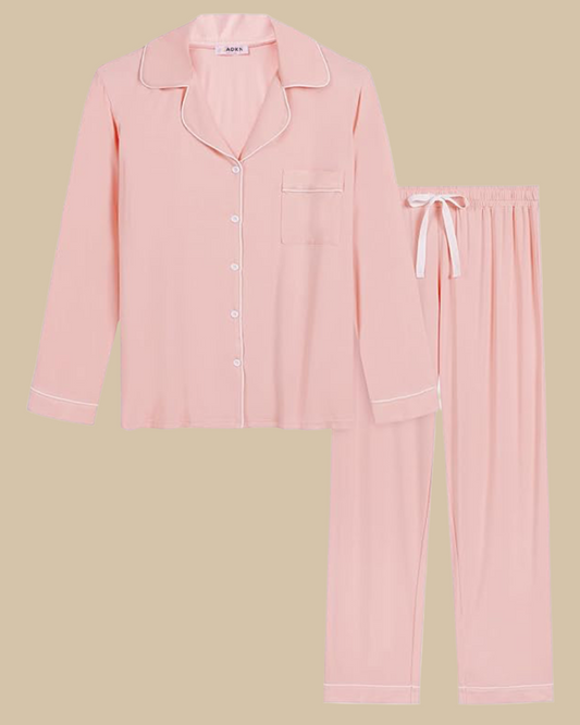 ADKN Women Bamboo Classic Pyjamas Set Long Sleeve Long Trousers in Pastel Pink