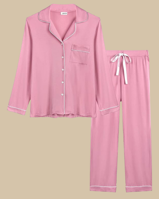ADKN Women Bamboo Classic Pyjamas Set Long Sleeve Long Trousers in Pink