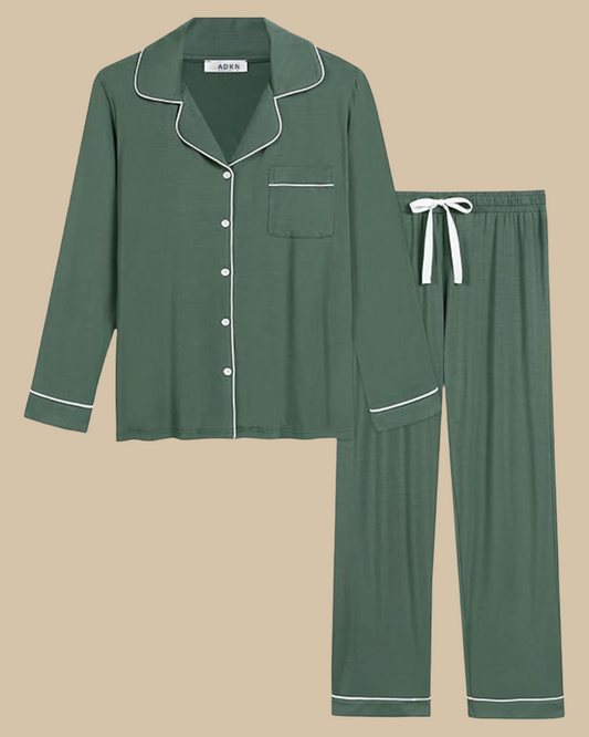 ADKN Women Bamboo Classic Pyjamas Set Long Sleeve Long Trousers in olive green