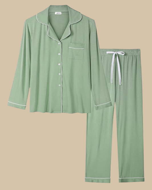 ADKN Women Bamboo Classic Pyjamas Set Long Sleeve Long Trousers in sage green