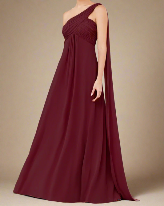 ADKN Saraya Long Bridesmaid Dress with One Shoulder Cape XS / Wine Red Burgundy