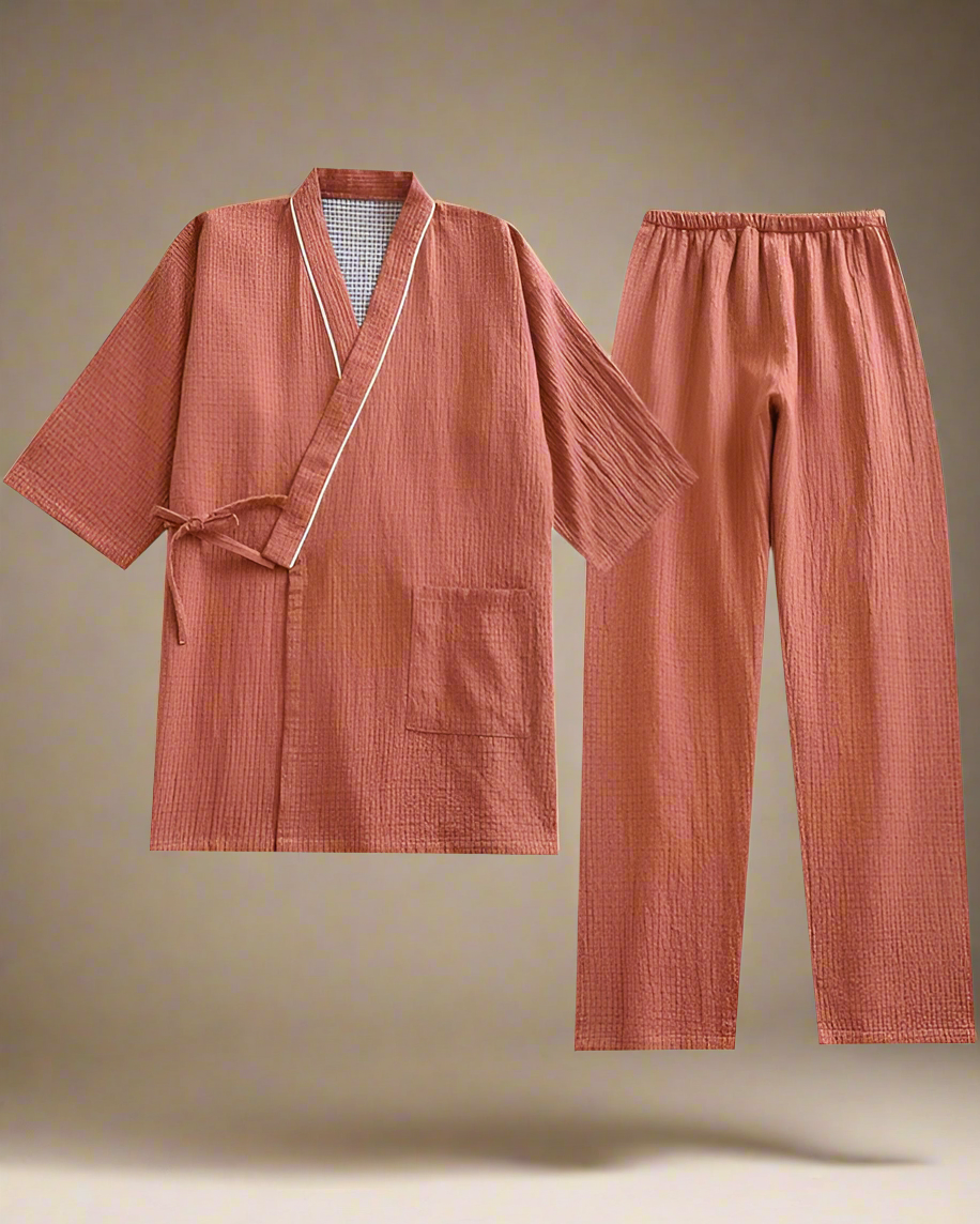 Cotton Quilted Kimono Set Japanese Inspired Loungewear Set S Burnt Orange