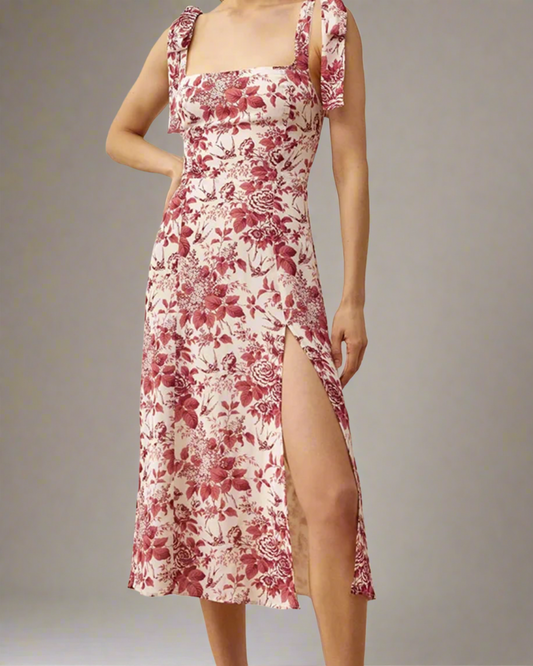 ADKN Oceane Midi Strappy Dress with Floral Print S / White & Red Floral