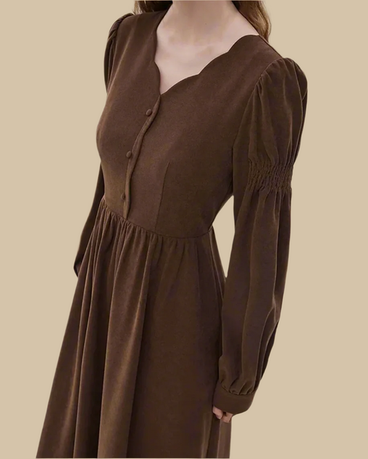 Amara Recycled Corduroy Long Sleeve Dress with Scallop Neckline