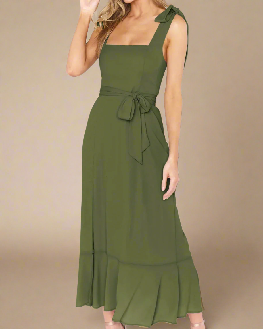 Jasmine Long Dress with Square Neckline and Tie Straps