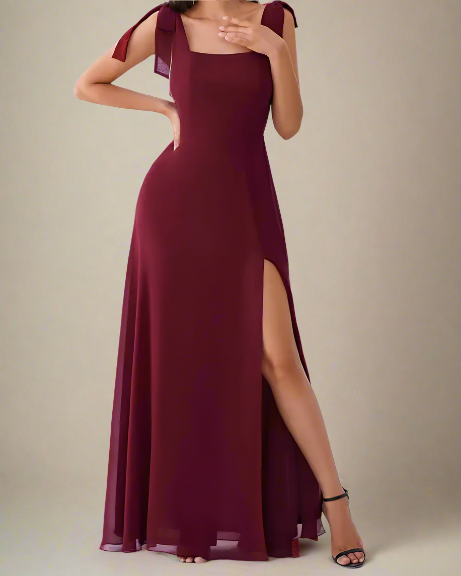 Aureline Chiffon Long Dress with Square Neckline