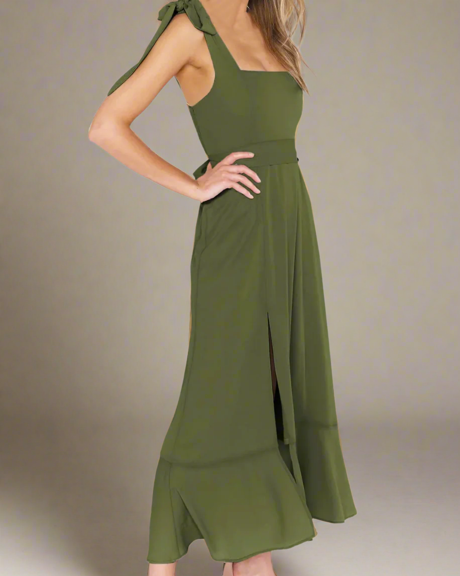 Jasmine Long Dress with Square Neckline and Tie Straps