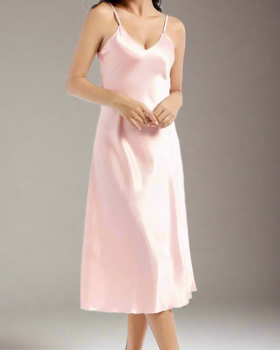 Midi Satin Negligee - Satin Strappy Midi Nightgown