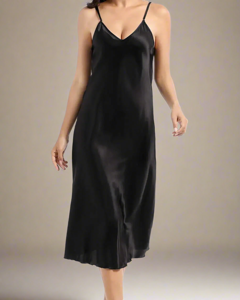 Midi Satin Negligee - Satin Strappy Midi Nightgown