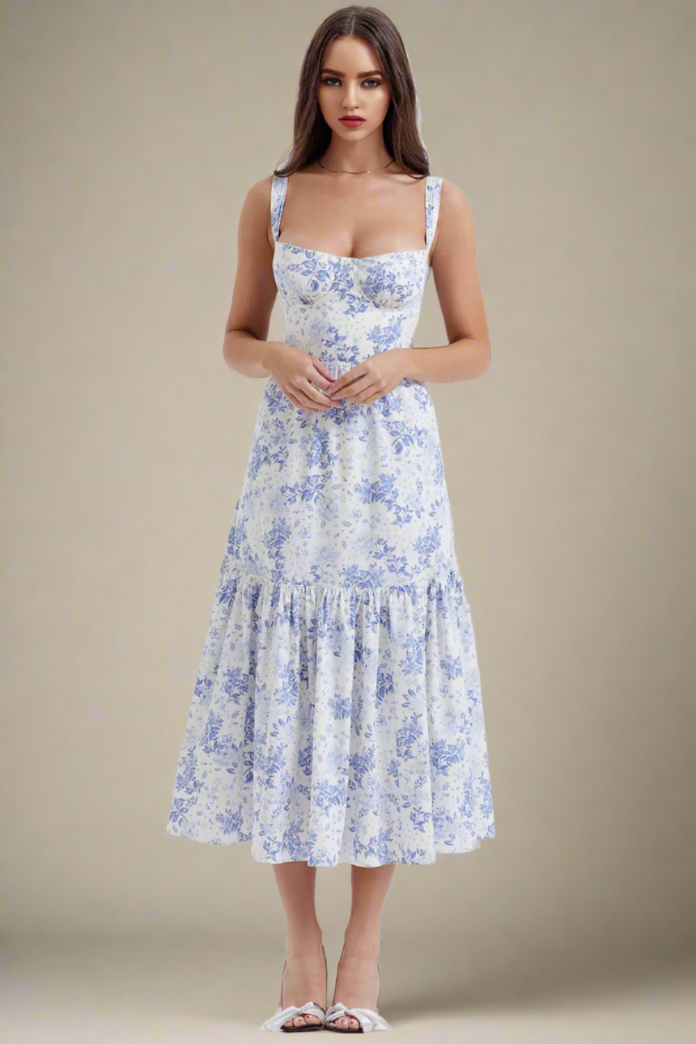 ADKN Juliette Floral Midi Mermaid Dress - Blue