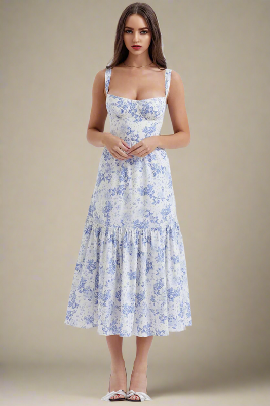 Juliette Floral Midi Mermaid Dress - Blue