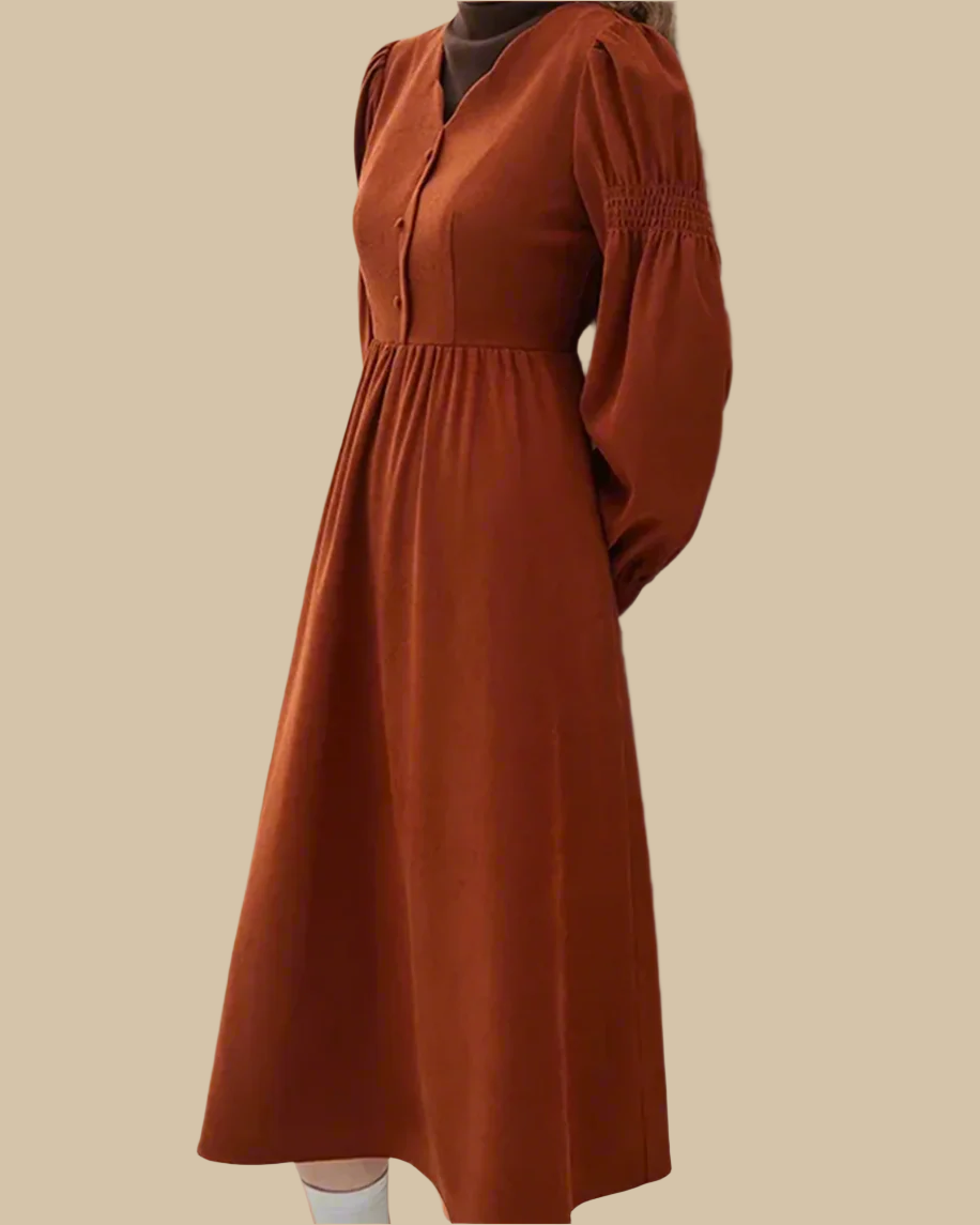 Amara Recycled Corduroy Long Sleeve Dress with Scallop Neckline