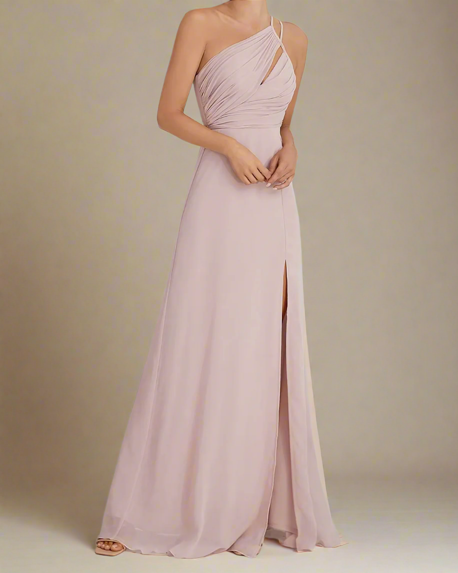 Serena Pastel Pink Dress for Wedding Guest - One Shoulder Cut-off Maxi Dress