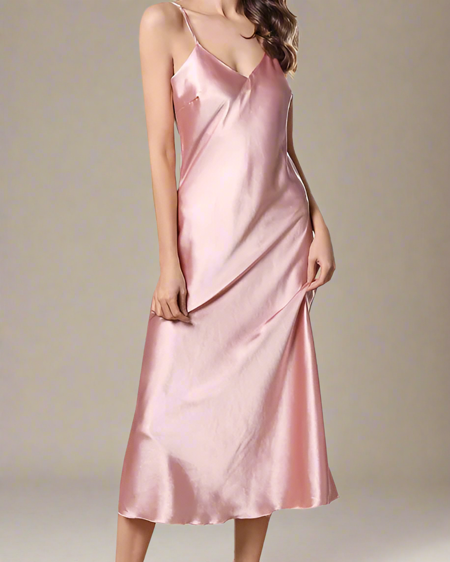 Midi Satin Negligee - Satin Strappy Midi Nightgown