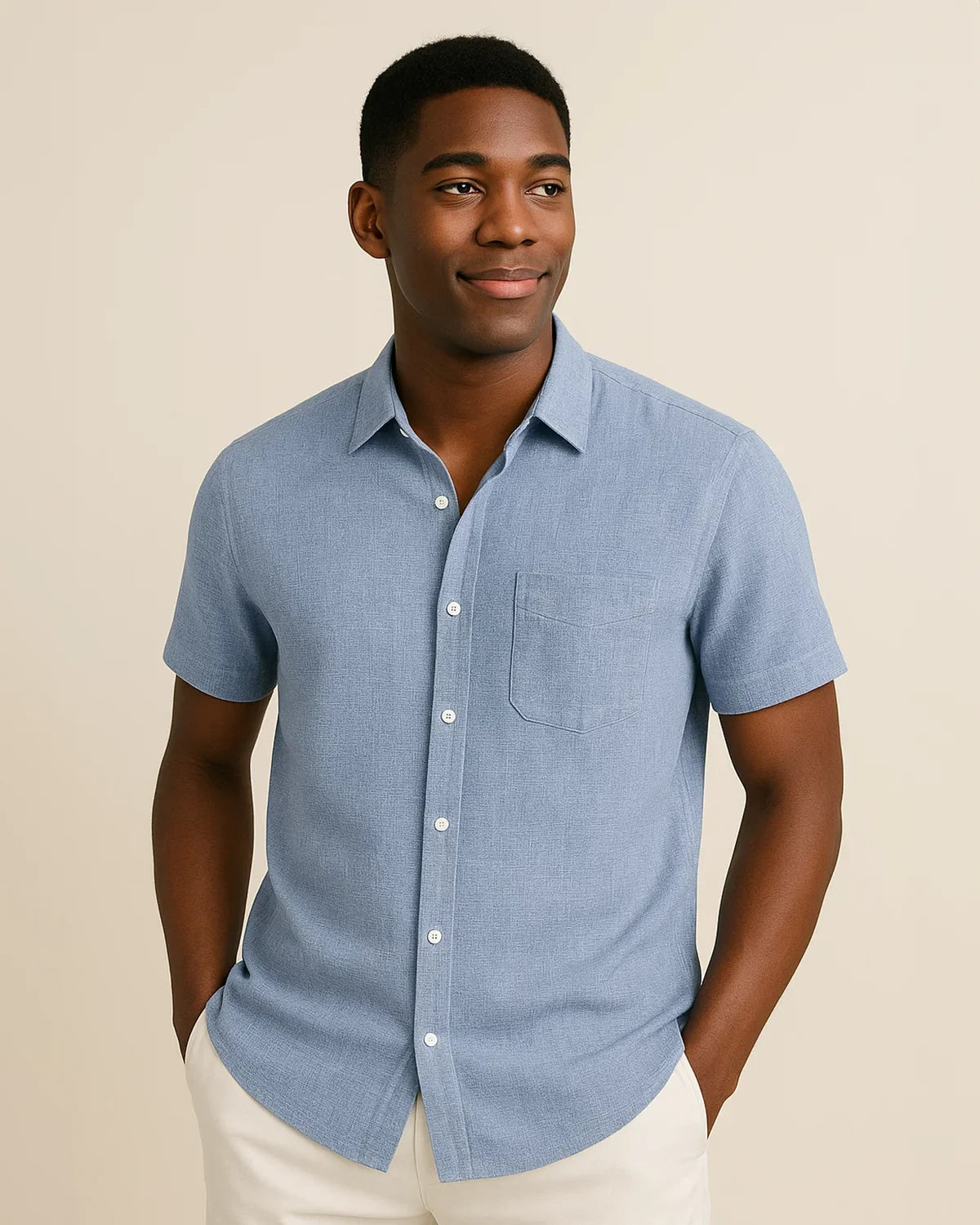 Ocean blue short sleeve men’s viscose-linen shirt – breathable summer wear