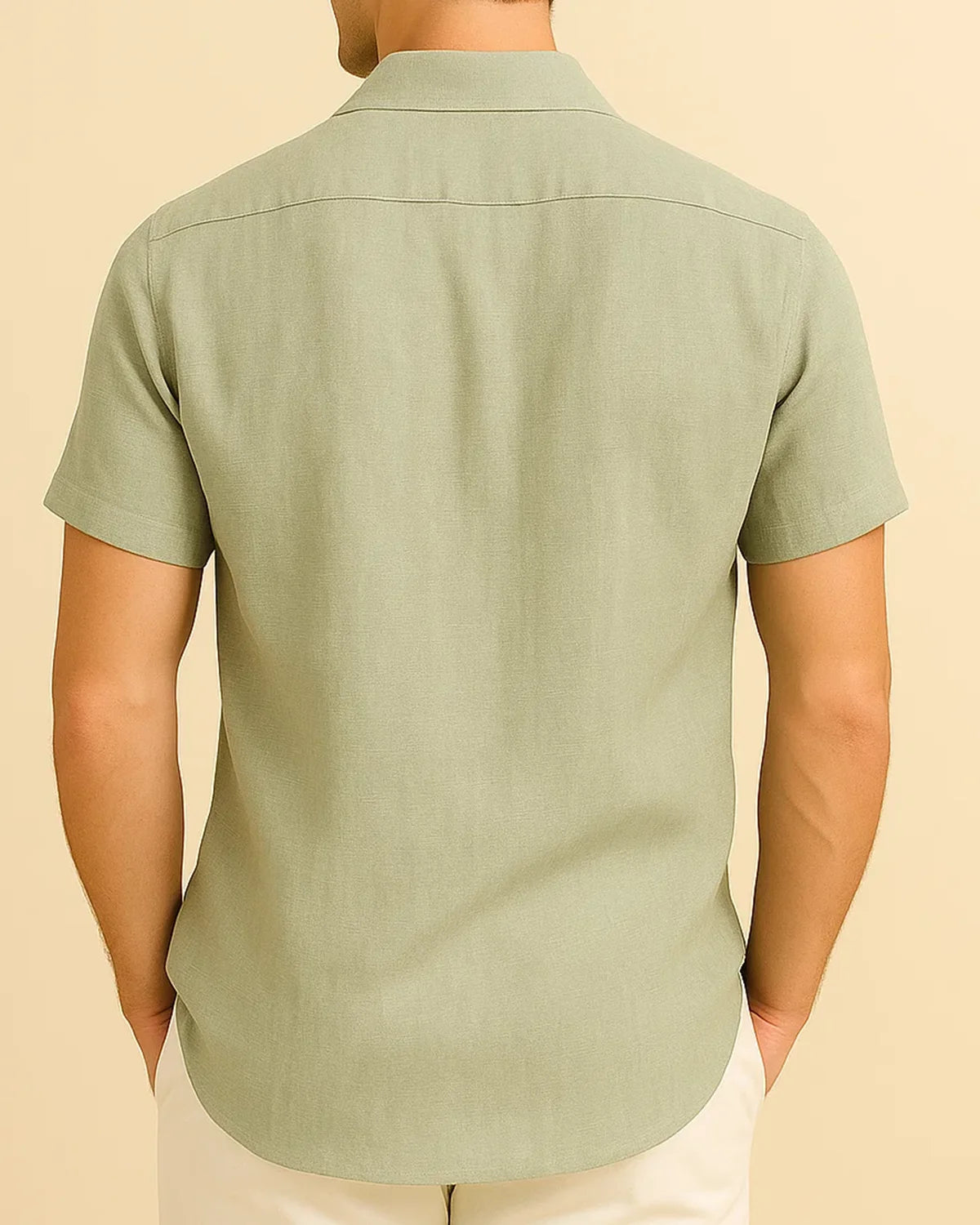 Rear view of green linen blend shirt – soft breathable smart casual style