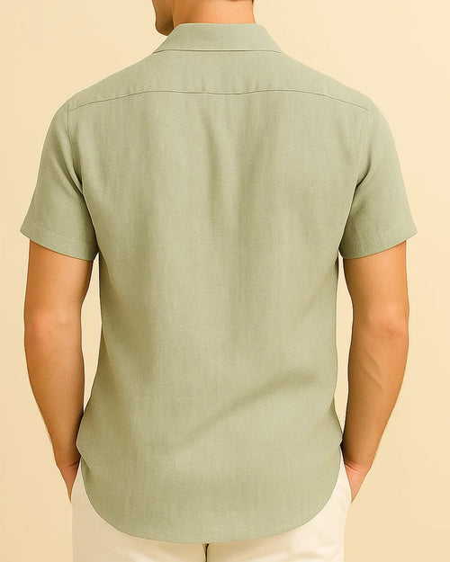 Rear view of green linen blend shirt – soft breathable smart casual style